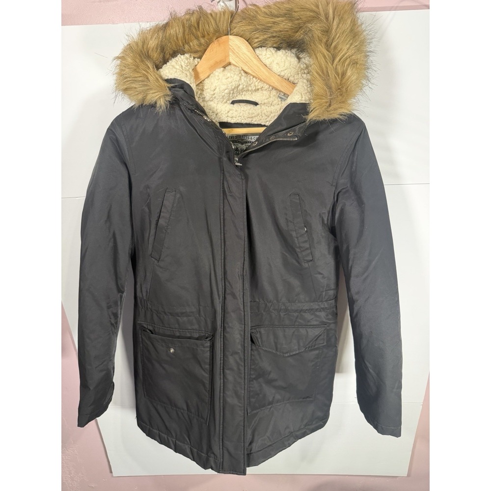 Levis Womens Small Parka Jacket Black Sherpa Lined Faux Fur Hood Coat